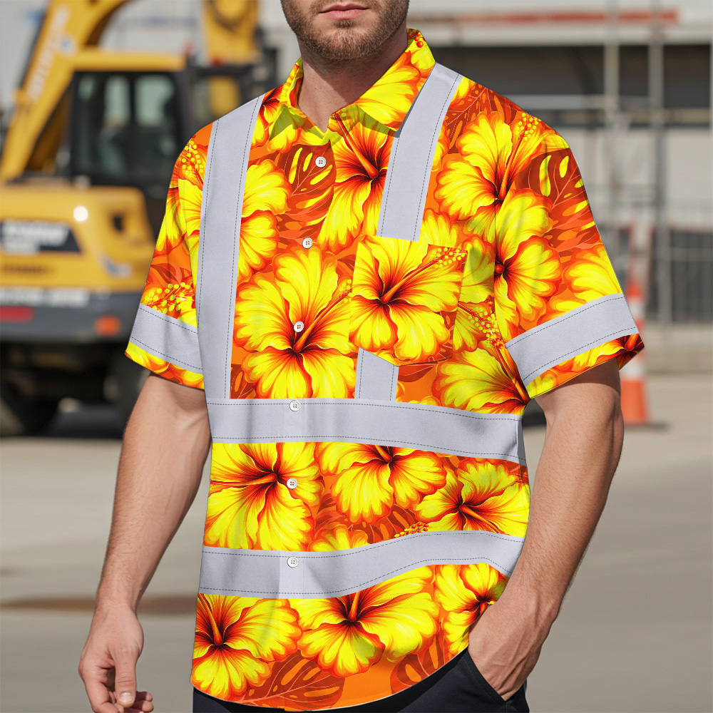 Orange Neon Yellow Flowers Hi Vis Hawaiian Shirt Back view showcasing the orange neon yellow flowers hi vis Hawaiian shirt with a bold floral pattern and customizable name.