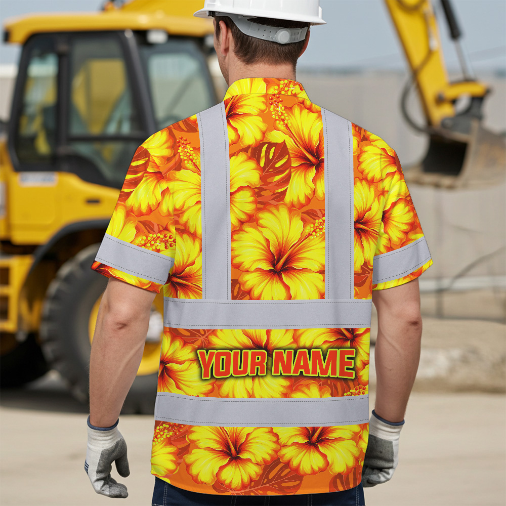 Orange Neon Yellow Flowers Hi Vis Hawaiian Shirt Close-up detail of the orange neon yellow flowers hi vis Hawaiian shirt highlighting the intricate flower designs and fabric