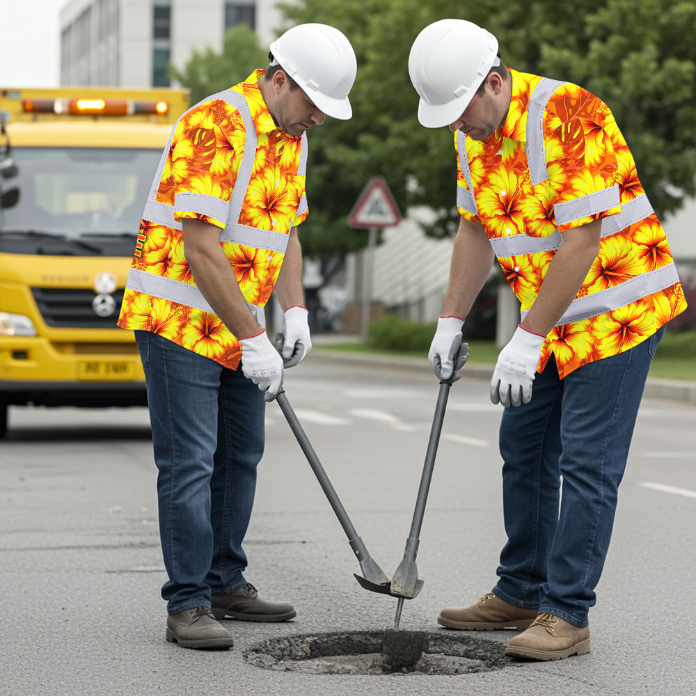 Orange Neon Yellow Flowers Hi Vis Hawaiian Shirt Lifestyle image of the orange neon yellow flowers hi vis Hawaiian shirt worn outdoors, emphasizing its bright colors and comf
