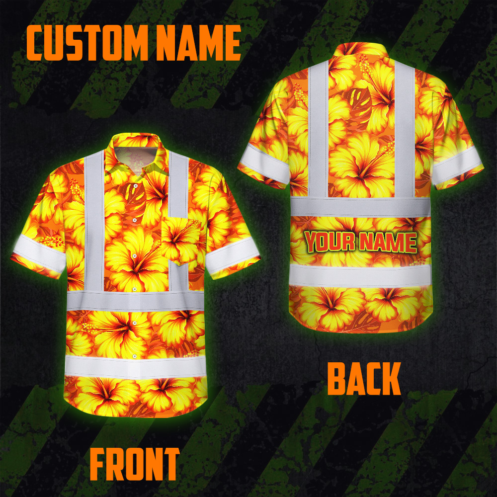 Orange Neon Yellow Flowers Hi Vis Hawaiian Shirt Side view of the orange neon yellow flowers hi vis Hawaiian shirt featuring reflective elements and a stylish floral print.