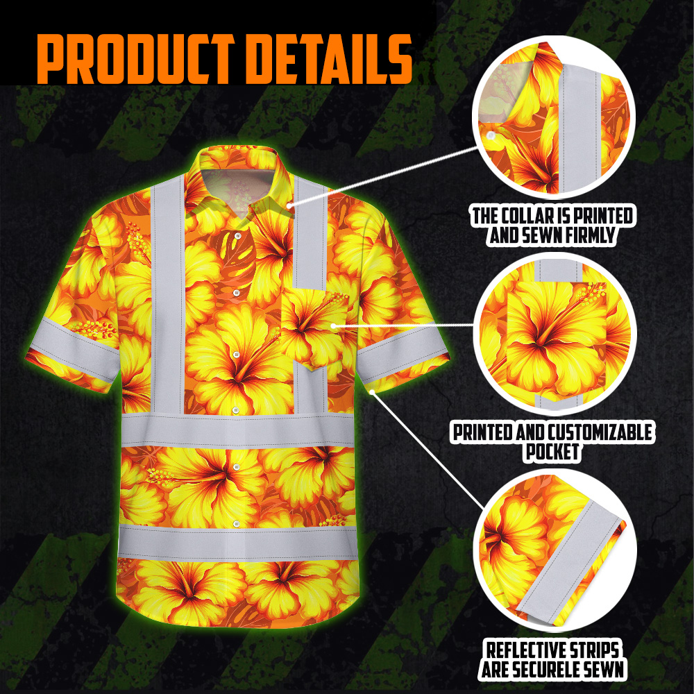 Orange Neon Yellow Flowers Hi Vis Hawaiian Shirt Flat lay of the orange neon yellow flowers hi vis Hawaiian shirt, displaying the vibrant colors and unique design details.