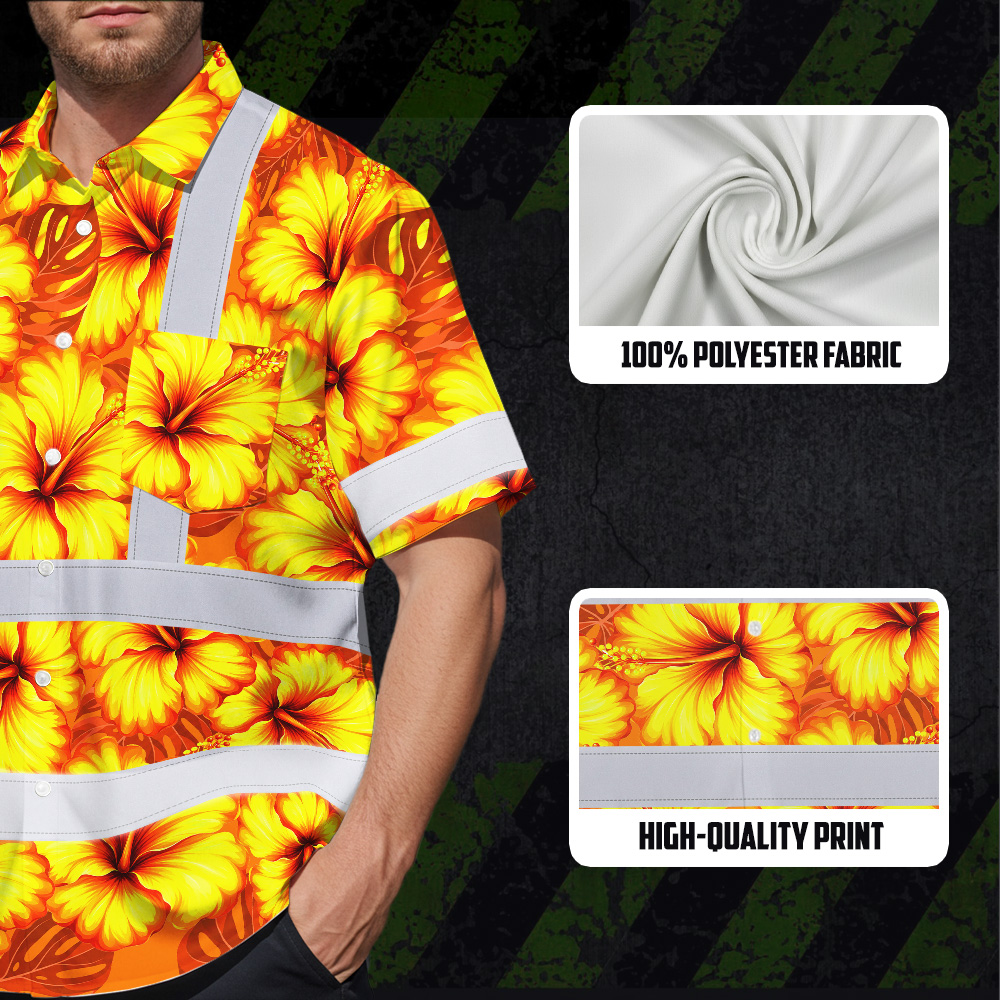 Orange Neon Yellow Flowers Hi Vis Hawaiian Shirt Model wearing the orange neon yellow flowers hi vis Hawaiian shirt at a beach, showing off its lively colors and fit.