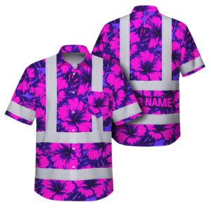Violet neon pink flowers hi vis Hawaiian shirt, front view showcasing vibrant floral design and reflective stripes.