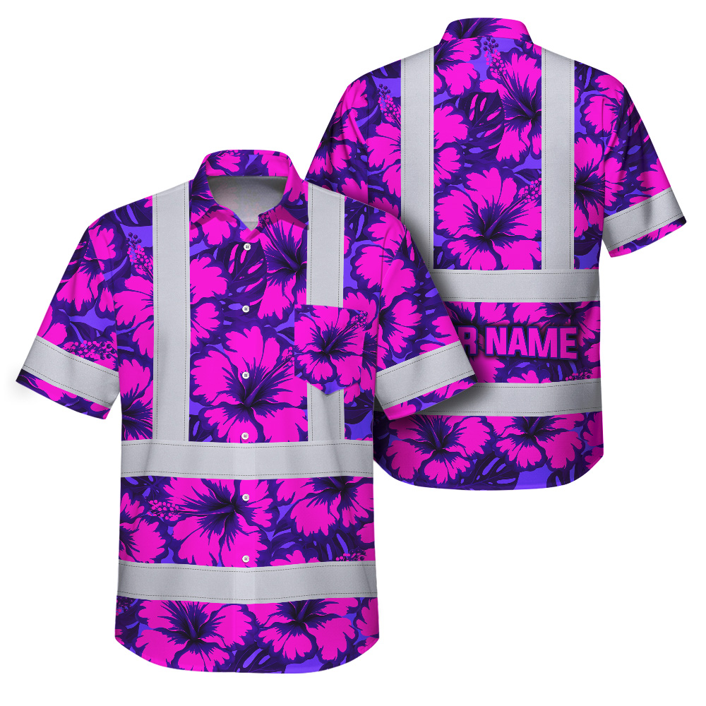 Violet Neon Pink Flowers Hi Vis Hawaiian Shirt Violet neon pink flowers hi vis Hawaiian shirt, front view showcasing vibrant floral design and reflective stripes.