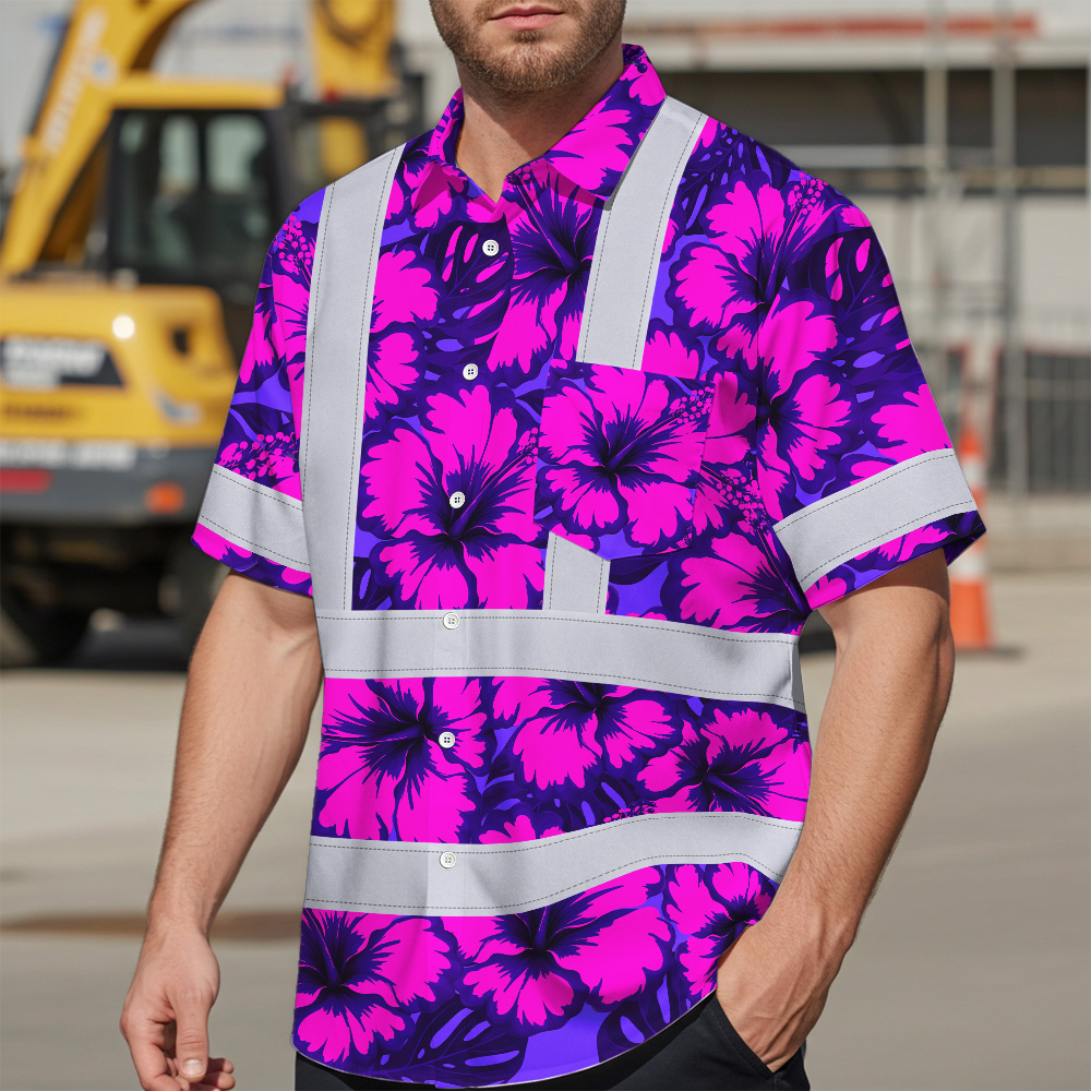 Violet Neon Pink Flowers Hi Vis Hawaiian Shirt Back view of violet neon pink flowers hi vis Hawaiian shirt, highlighting personalized name and striking colors.