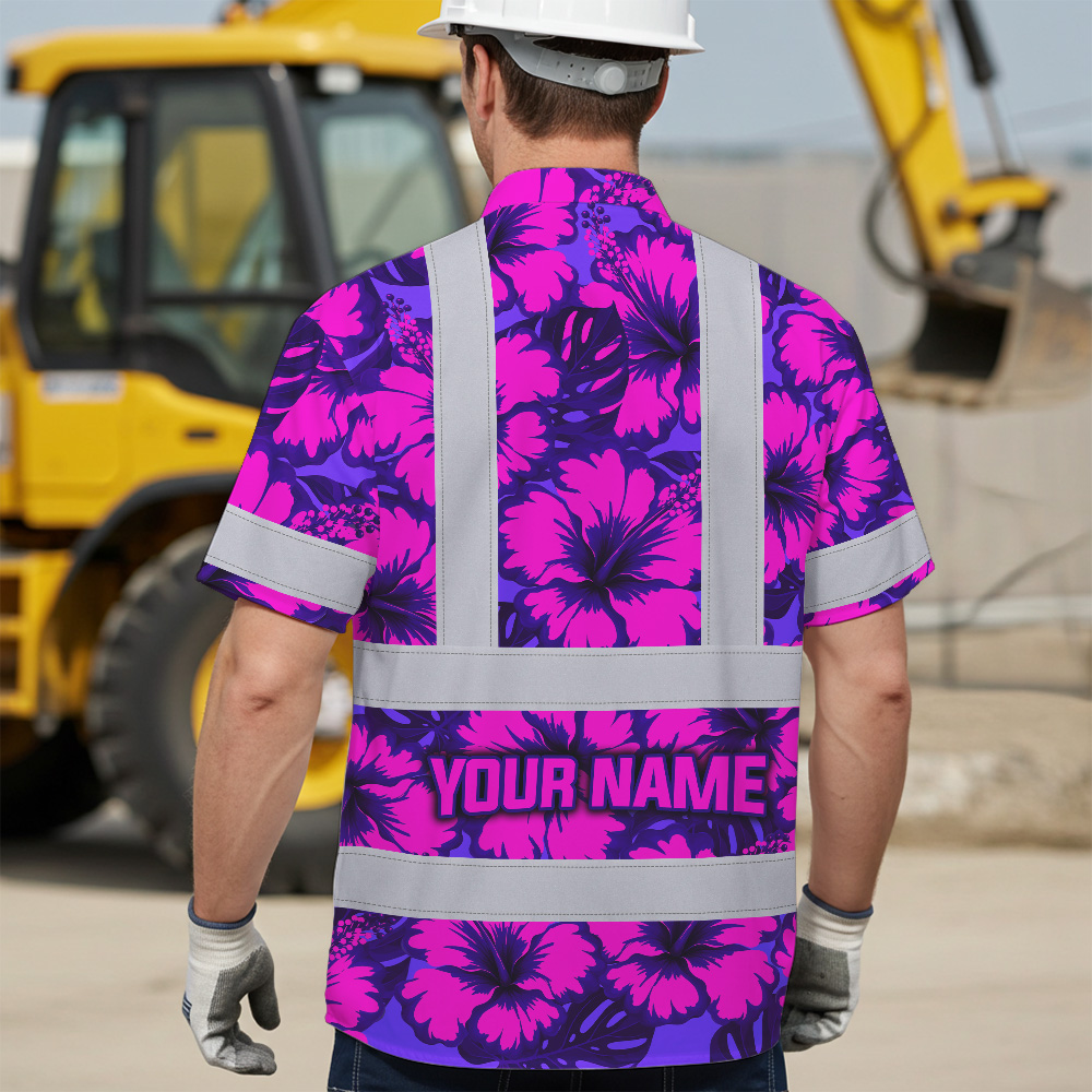 Violet Neon Pink Flowers Hi Vis Hawaiian Shirt Detail shot of violet neon pink flowers hi vis Hawaiian shirt fabric, emphasizing floral pattern and high visibility features