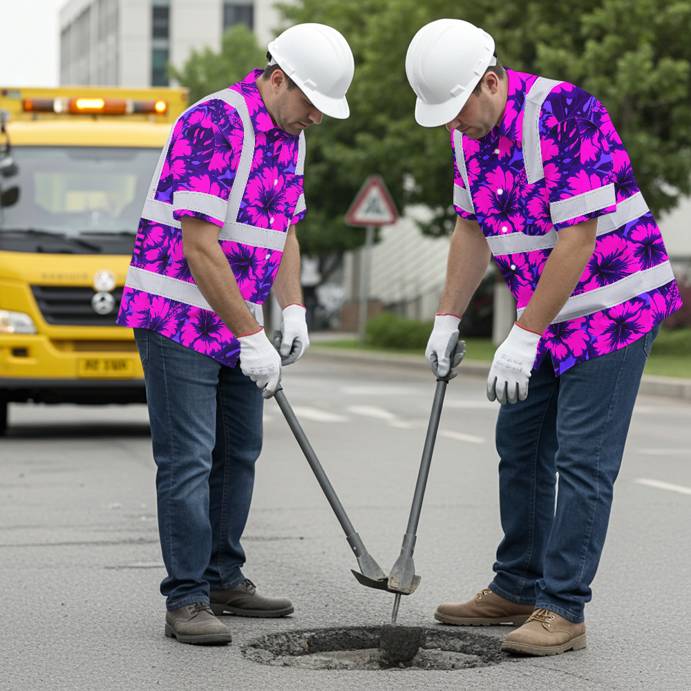 Violet Neon Pink Flowers Hi Vis Hawaiian Shirt Lifestyle image of model wearing violet neon pink flowers hi vis Hawaiian shirt at a beach, vibrant colors pop in sunlight.