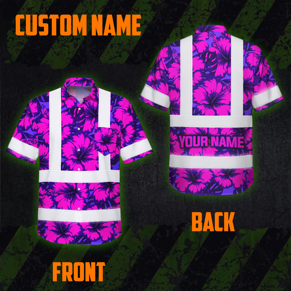 Violet Neon Pink Flowers Hi Vis Hawaiian Shirt Flat lay of violet neon pink flowers hi vis Hawaiian shirt, showcasing the full vibrant design and high visibility elements.