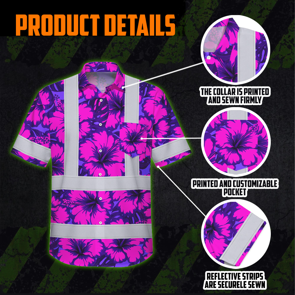 Violet Neon Pink Flowers Hi Vis Hawaiian Shirt Flat lay of the violet neon pink flowers hi vis shirt displaying the full floral design and colors.