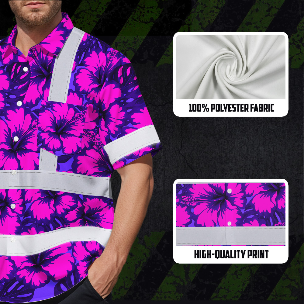 Violet Neon Pink Flowers Hi Vis Hawaiian Shirt Side view of violet neon pink flowers hi vis Hawaiian shirt, displaying the unique pattern and comfortable fit.