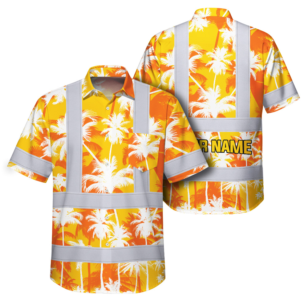 Yellow Neon Flowers Hi Vis Hawaiian Shirt Front view of the yellow neon flowers hi vis Hawaiian shirt showcasing vibrant palm designs.