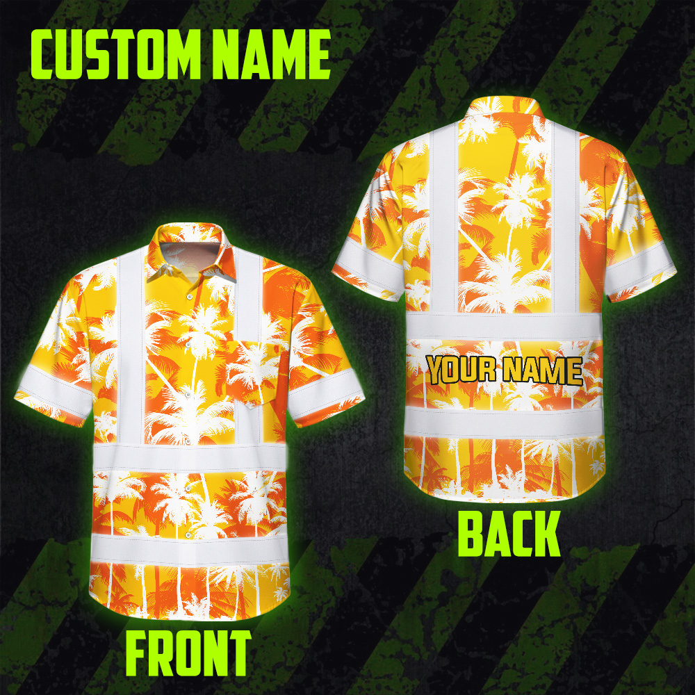 Yellow Neon Flowers Hi Vis Hawaiian Shirt Back view of the yellow neon flowers hi vis Hawaiian shirt featuring reflective stripes and custom name area.