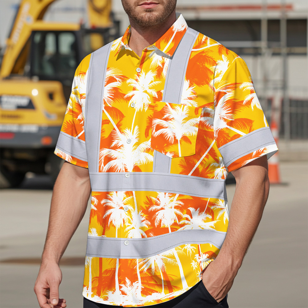 Yellow Neon Flowers Hi Vis Hawaiian Shirt Close-up detail of the yellow neon flowers hi vis Hawaiian shirt highlighting the floral pattern and fabric texture.