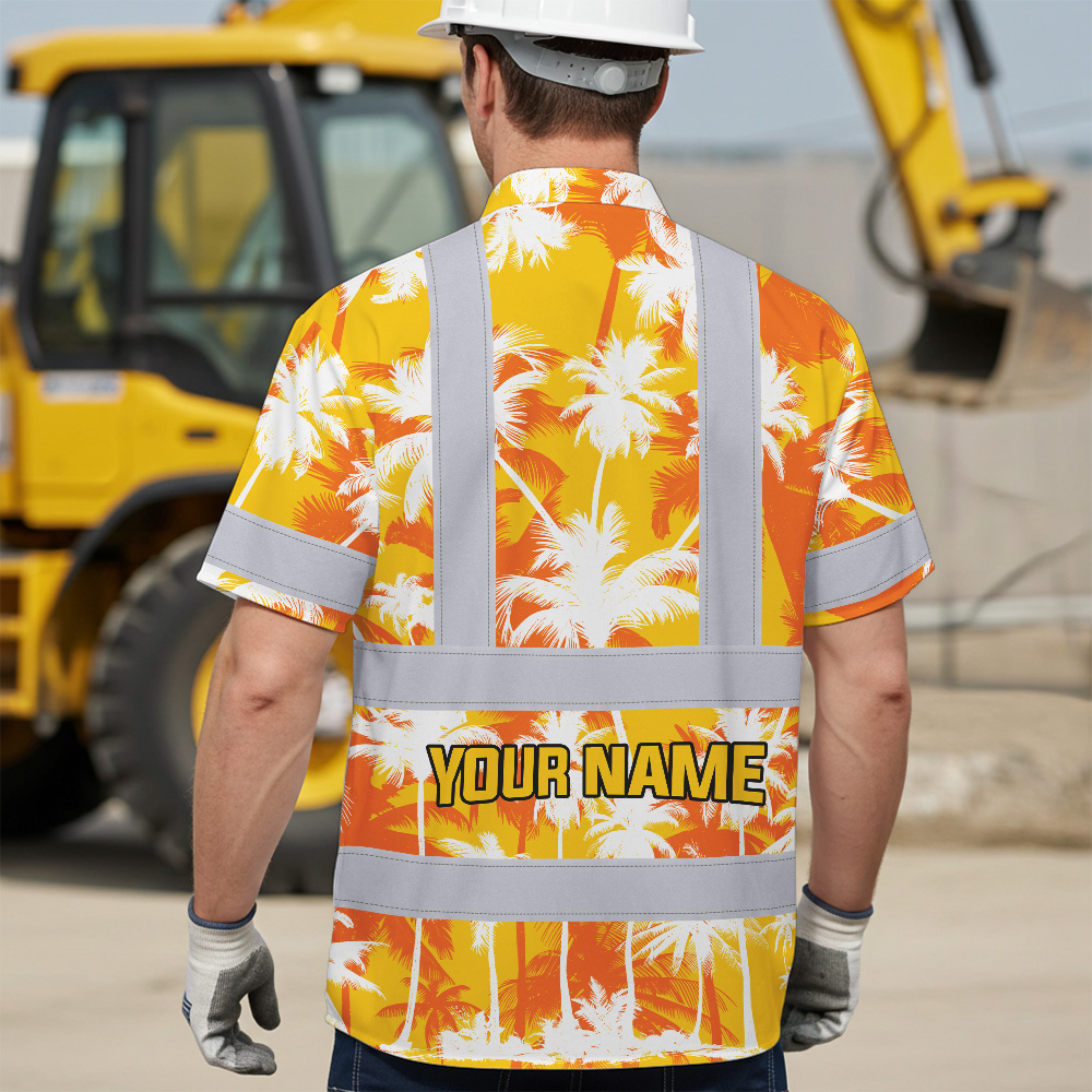Yellow Neon Flowers Hi Vis Hawaiian Shirt Lifestyle shot of a person wearing the yellow neon flowers hi vis Hawaiian shirt at a beach party.