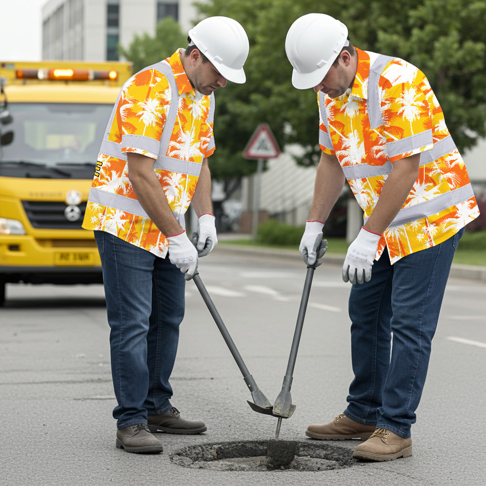 Yellow Neon Flowers Hi Vis Hawaiian Shirt Side angle of the yellow neon flowers hi vis Hawaiian shirt displaying its relaxed fit and bright colors.