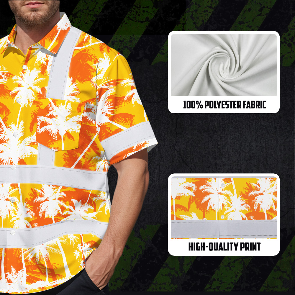 Yellow Neon Flowers Hi Vis Hawaiian Shirt Detail view of the collar and buttons on the yellow neon flowers hi vis Hawaiian shirt with bright colors.