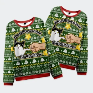 Front view of the most pawsome cat mom and dad sweatshirt in green, featuring a fun cat design and holiday motifs.