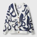 Front view of the ocean octopus cardigan sweater featuring a navy octopus design on a soft white background.