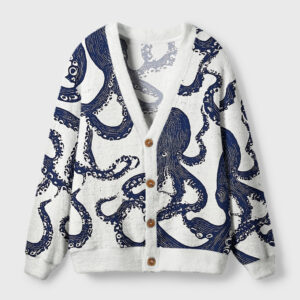 Front view of the ocean octopus cardigan sweater featuring a navy octopus design on a soft white background.