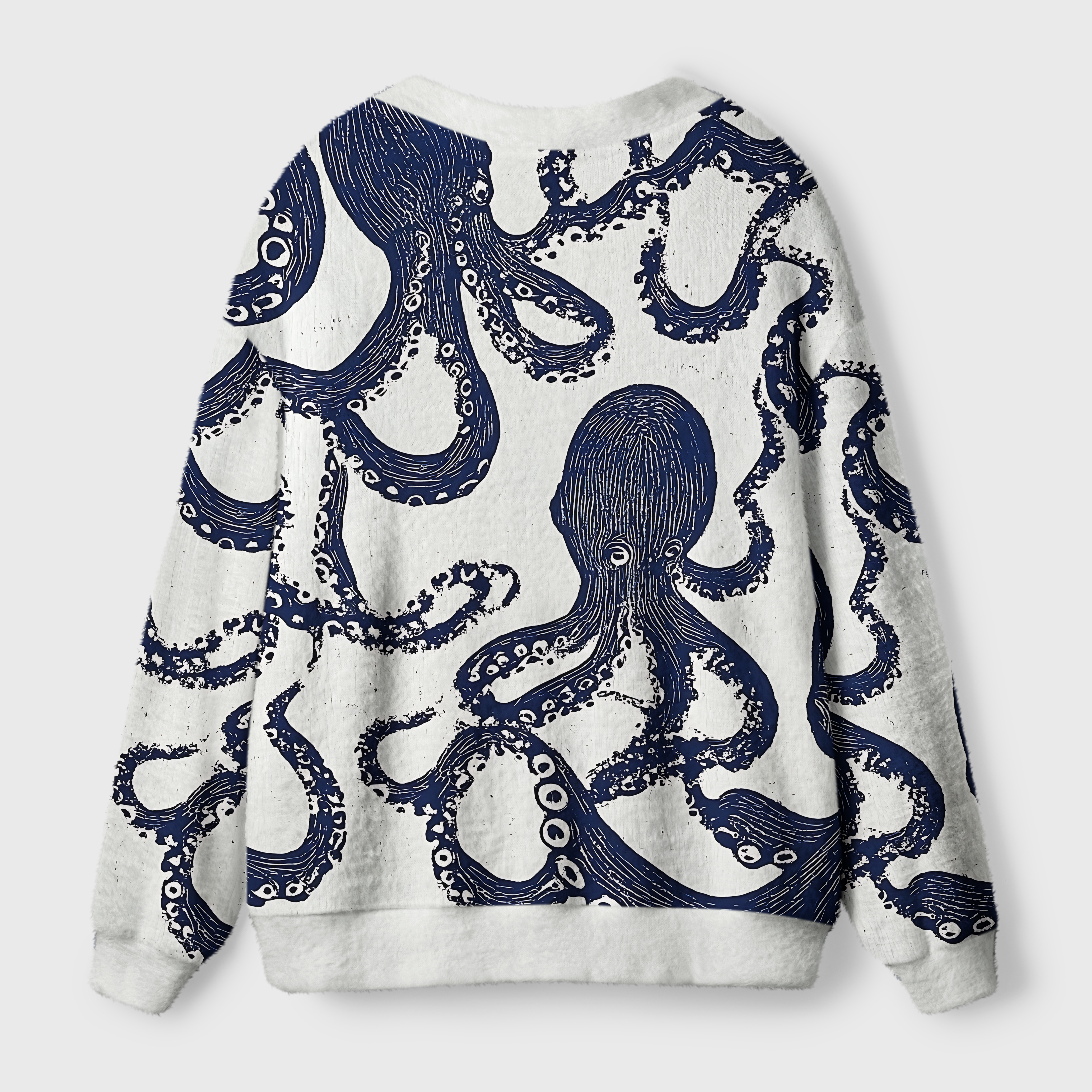Ocean Octopus Cardigan Sweater | Sea Life Design Back view of the ocean octopus cardigan sweater showcasing the unique octopus pattern and cozy fit.