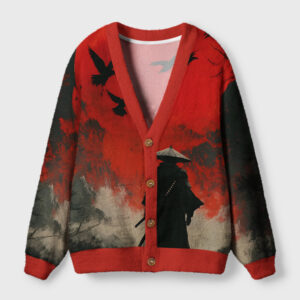 Front view of the blood night samurai cardigan sweater showcasing its striking red and black design with intricate details.