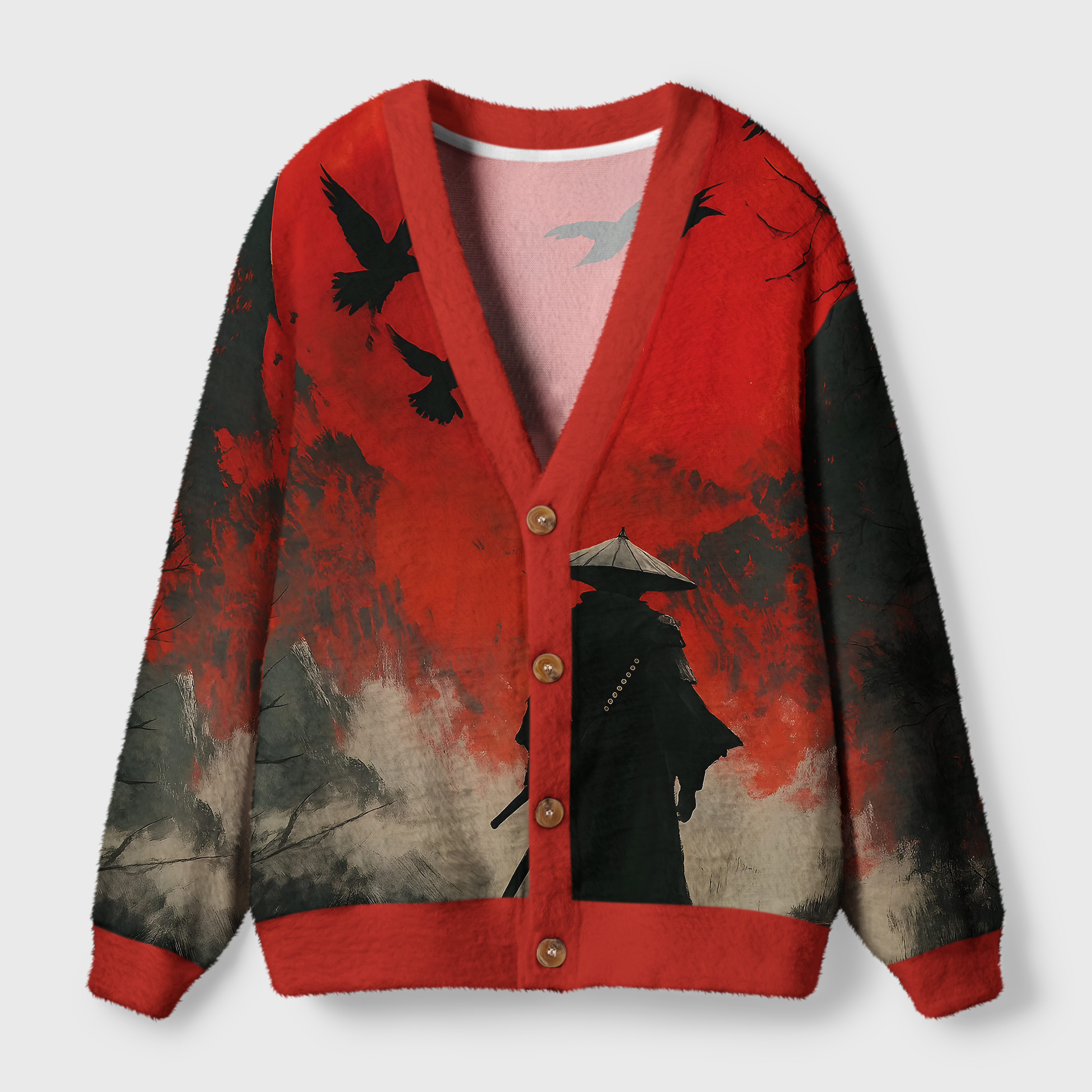 Blood Night Samurai Cardigan Sweater | Dark Japanese Design Front view of the blood night samurai cardigan sweater showcasing its striking red and black design with intricate details.