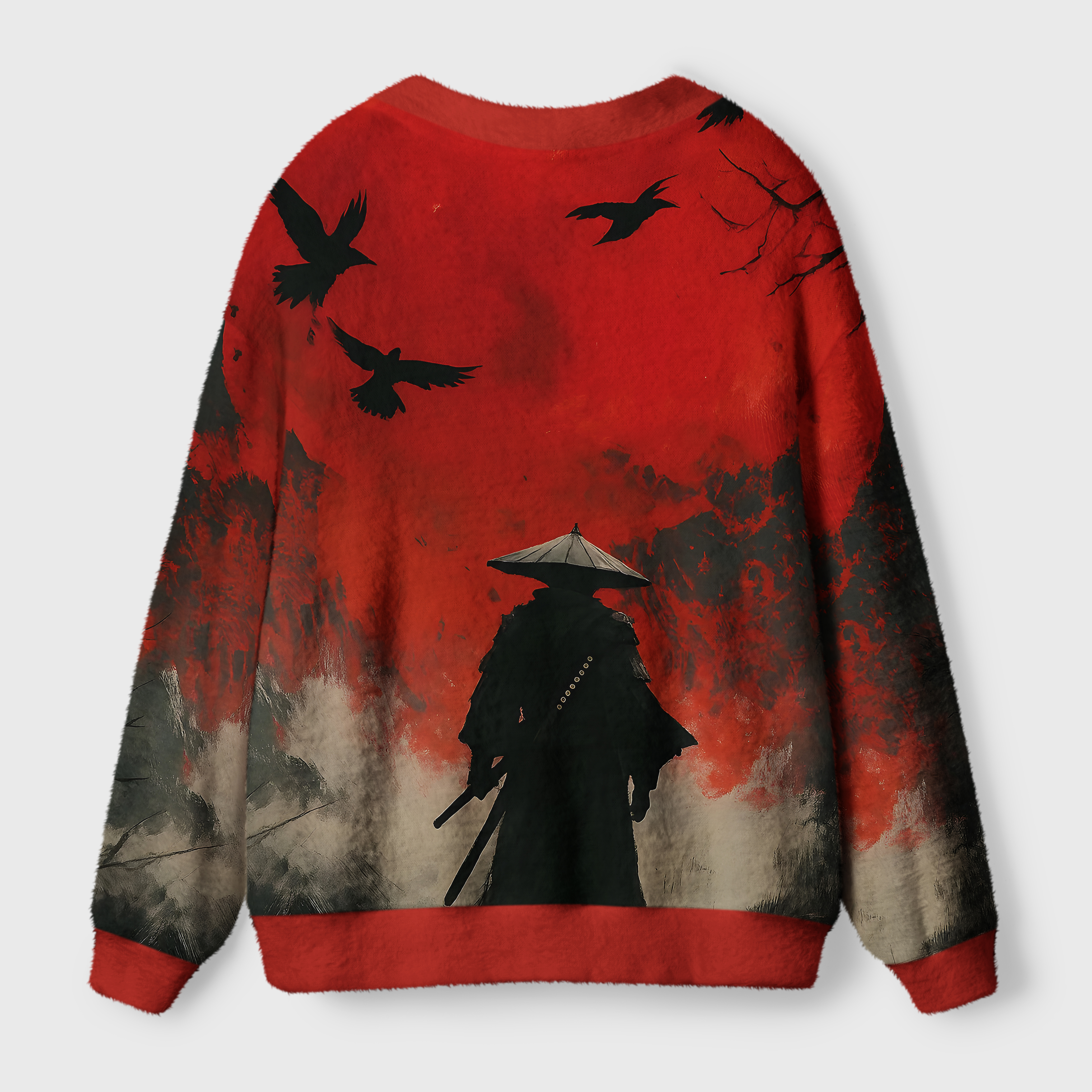 Blood Night Samurai Cardigan Sweater | Dark Japanese Design Back view of the blood night samurai cardigan sweater highlighting the unique dark Japanese design and comfortable fit.