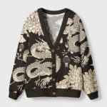 Front view of the two dragons cardigan sweater featuring intricate Japanese fantasy designs in black and beige.