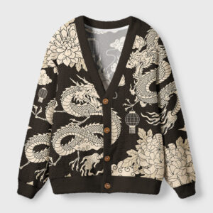 Front view of the two dragons cardigan sweater featuring intricate Japanese fantasy designs in black and beige.