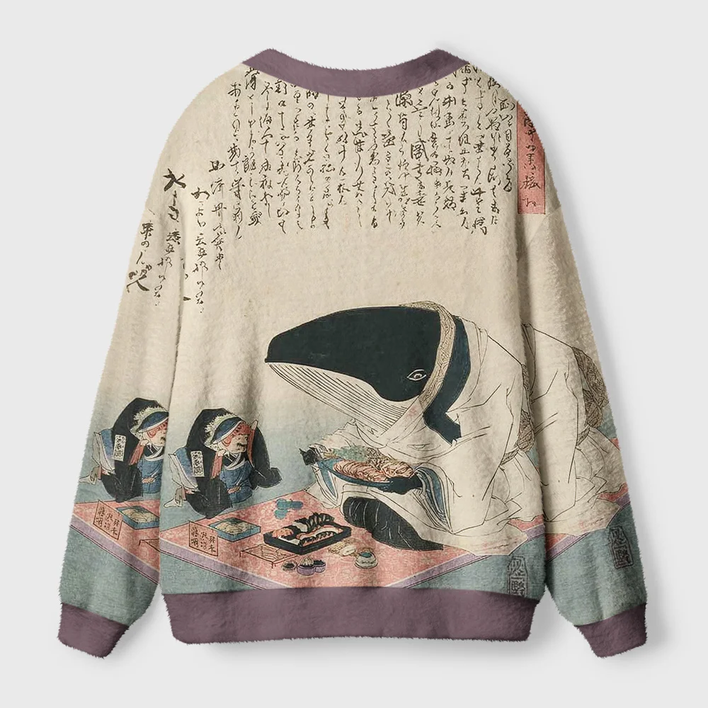 Whale Lords Tea Time Cardigan Sweater Back view of the Whale Lords Tea Time Cardigan Sweater showcasing its unique whale illustration and cozy fit.