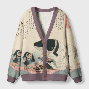 Front view of the Whale Lords Tea Time Cardigan Sweater featuring a whimsical sea design and soft colors.