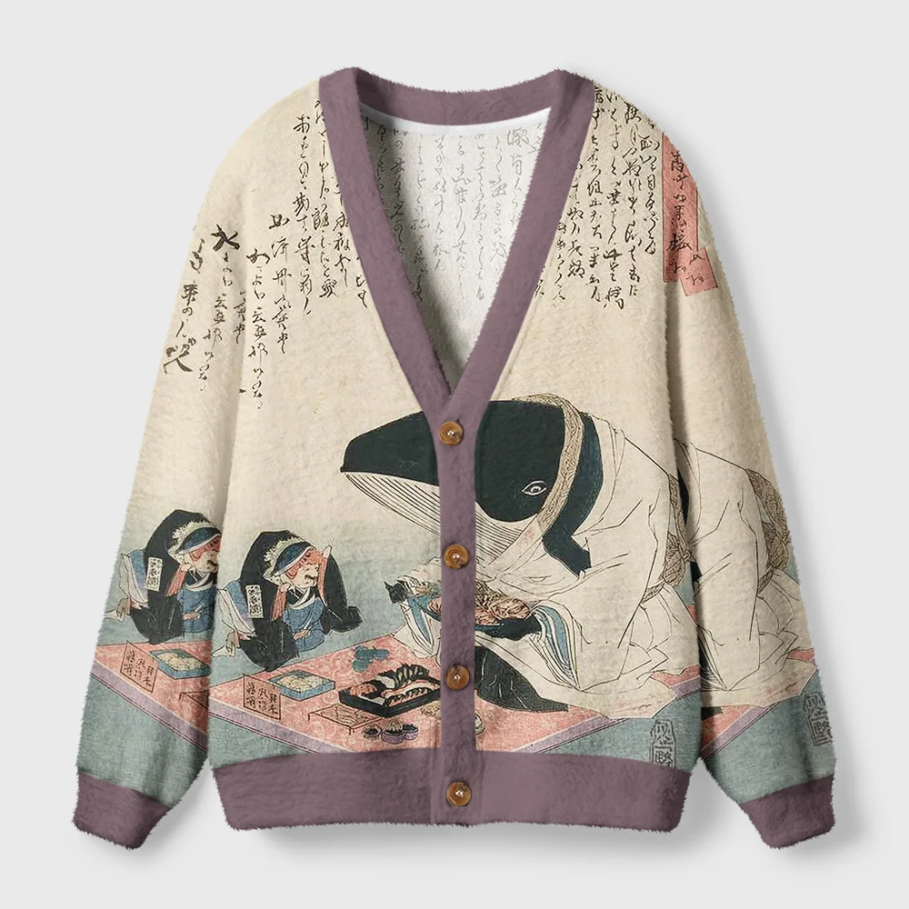 Whale Lords Tea Time Cardigan Sweater Front view of the Whale Lords Tea Time Cardigan Sweater featuring a whimsical sea design and soft colors.