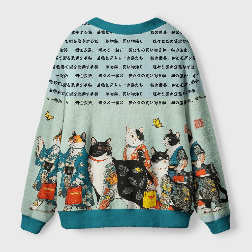 Tattooed Cats Cardigan Sweater | Ink Art Cat Design Back view showcasing the colorful tattooed cats cardigan sweater with detailed cat illustrations and unique patterns.