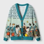Front view of the tattooed cats cardigan sweater featuring vibrant ink art designs and teal accents.