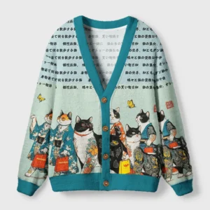 Front view of the tattooed cats cardigan sweater featuring vibrant ink art designs and teal accents.