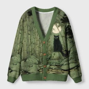 Front view of the cat under the moon cardigan sweater featuring a green color and celestial cat design.