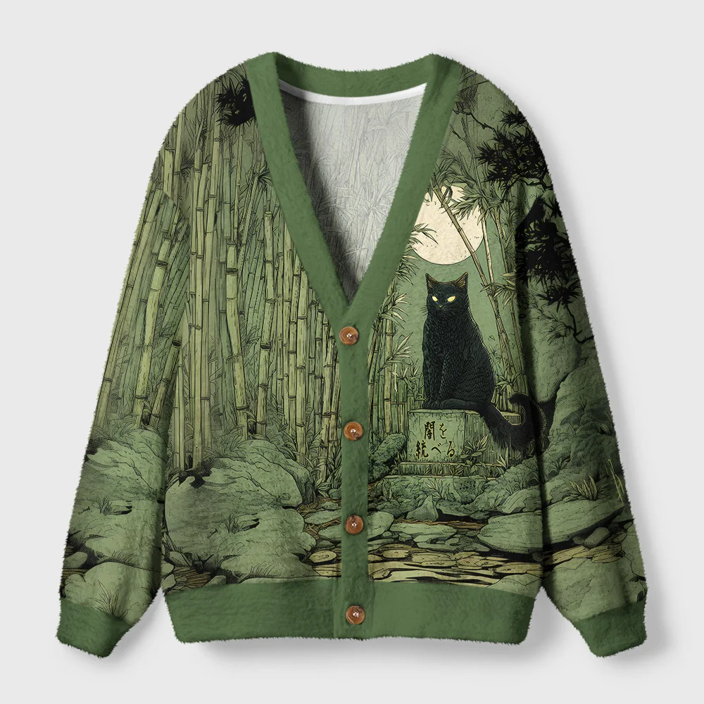 Cat Under the Moon Cardigan Sweater Front view of the cat under the moon cardigan sweater featuring a green color and celestial cat design.