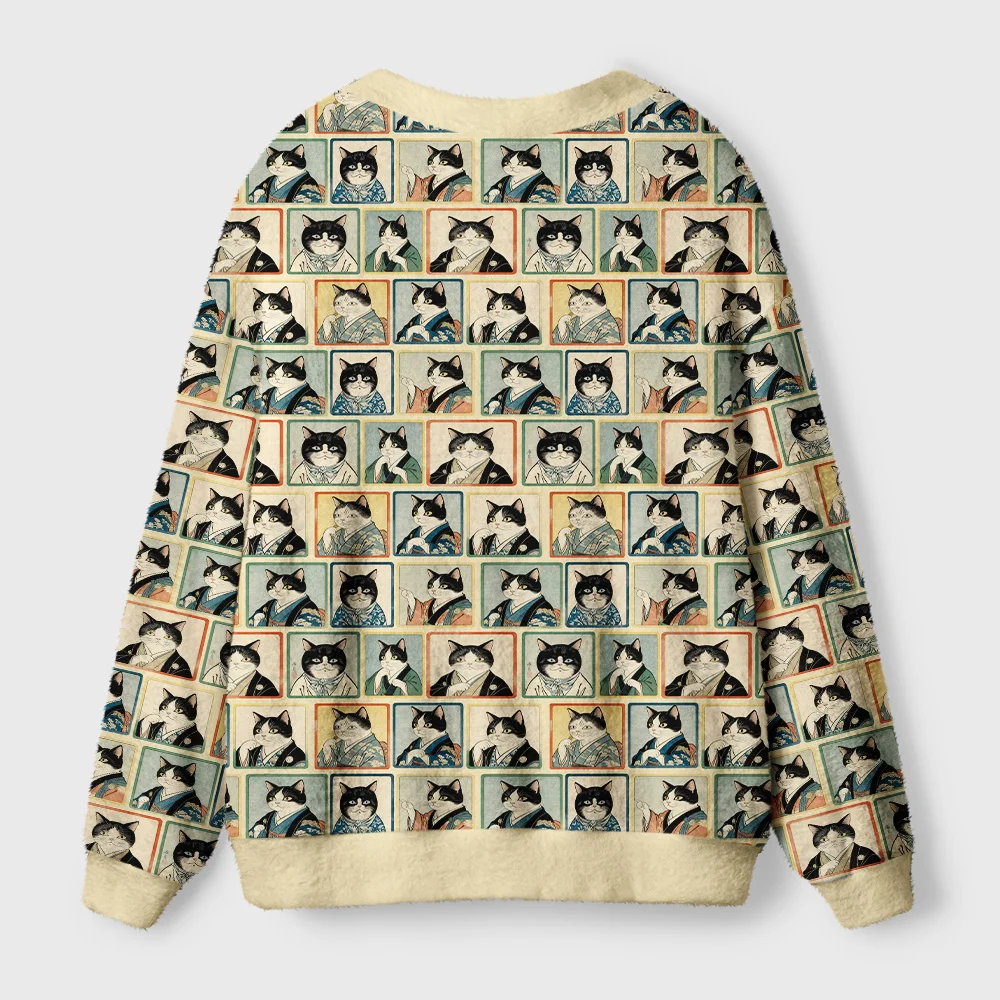 Japanese Cat Portrait Cardigan Sweater Back view of the Japanese cat portrait cardigan sweater showcasing the unique cat art pattern in a soft, warm fabric.