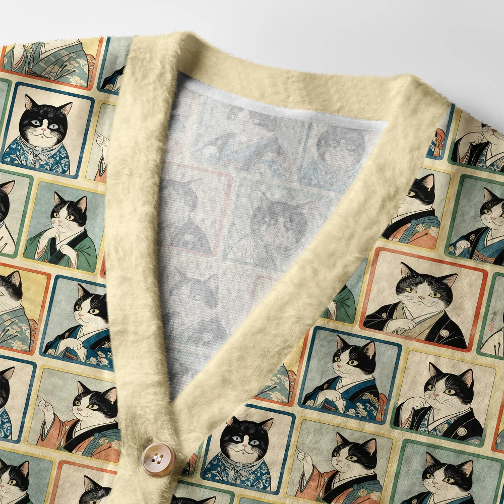 Japanese Cat Portrait Cardigan Sweater Close-up detail of the Japanese cat portrait cardigan sweater highlighting the intricate cat illustrations and button design.