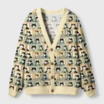 Front view of the Japanese cat portrait cardigan sweater featuring a vibrant cat art design and cozy beige color.