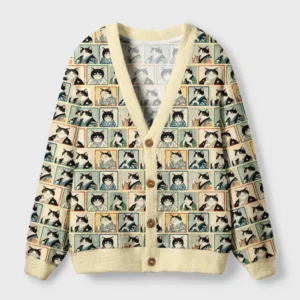 Front view of the Japanese cat portrait cardigan sweater featuring a vibrant cat art design and cozy beige color.
