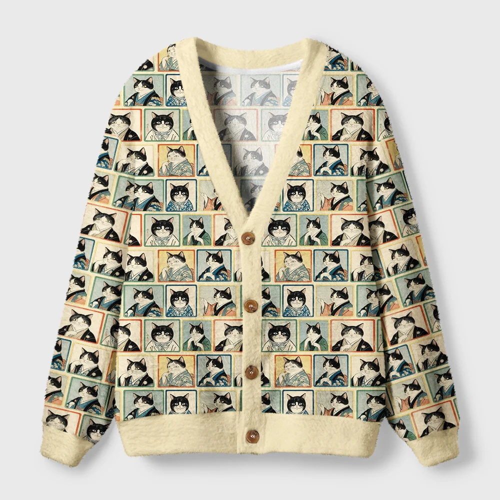 Japanese Cat Portrait Cardigan Sweater Front view of the Japanese cat portrait cardigan sweater featuring a vibrant cat art design and cozy beige color.