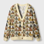 Front view of the Japanese cat painting cardigan sweater showcasing vibrant artwork and cozy fabric.