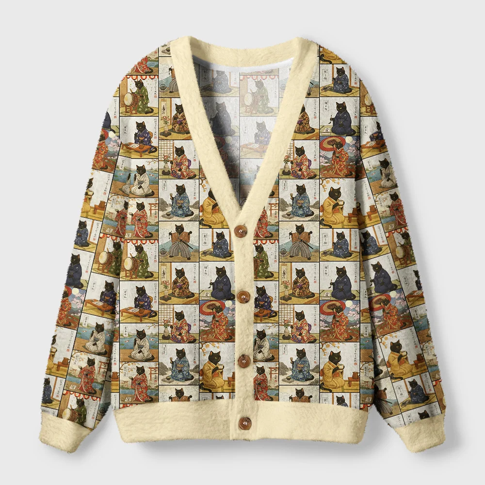 Japanese Cat Painting Cardigan Sweater | Artistic Cat Design Front view of the Japanese cat painting cardigan sweater showcasing vibrant artwork and cozy fabric.