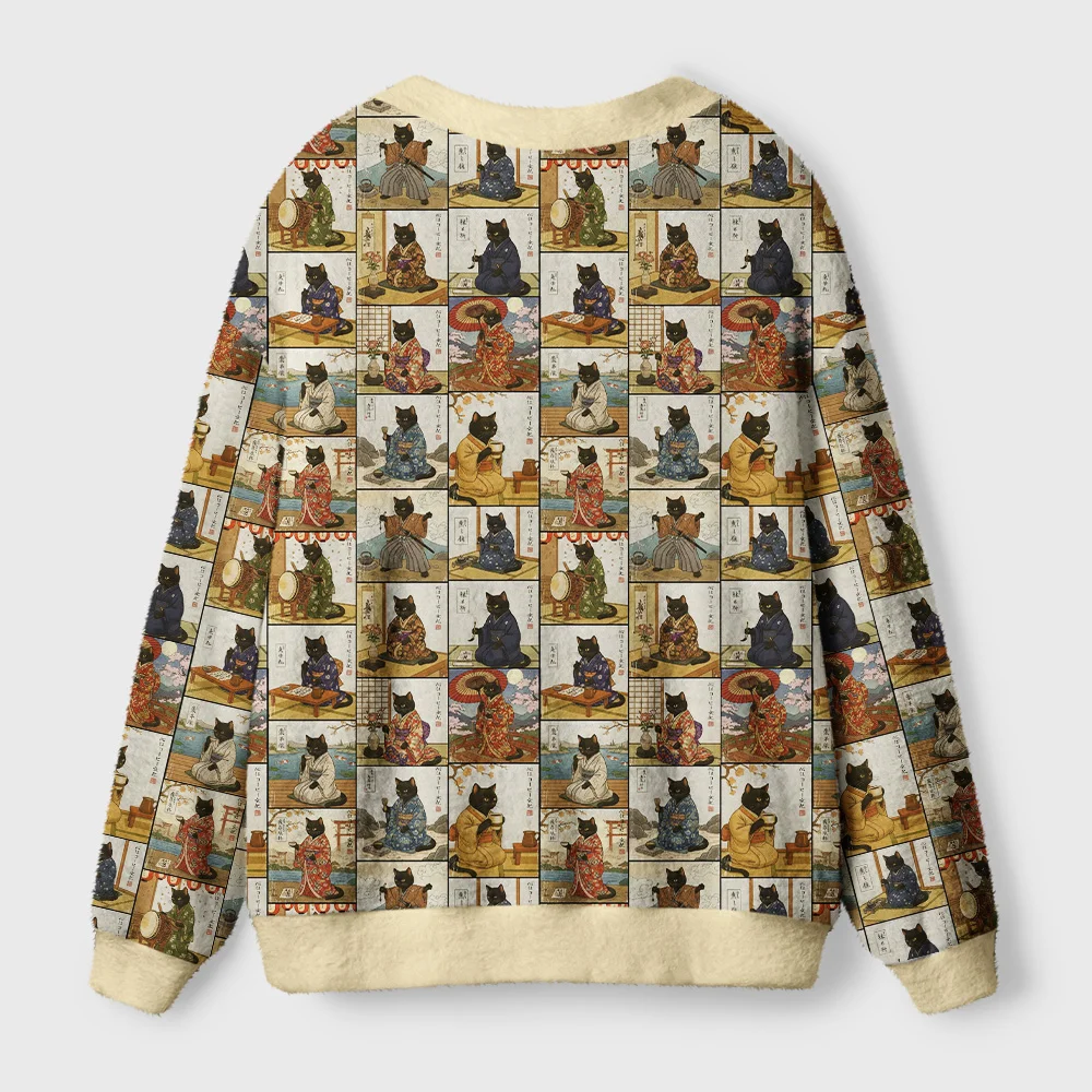 Japanese Cat Painting Cardigan Sweater | Artistic Cat Design Back angle of the Japanese cat painting cardigan sweater highlighting the unique artistic cat design and soft texture.