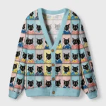 Front view of the black cat kimono cardigan sweater showcasing vibrant Japanese cat design and cozy fit.