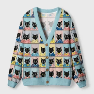 Front view of the black cat kimono cardigan sweater showcasing vibrant Japanese cat design and cozy fit.