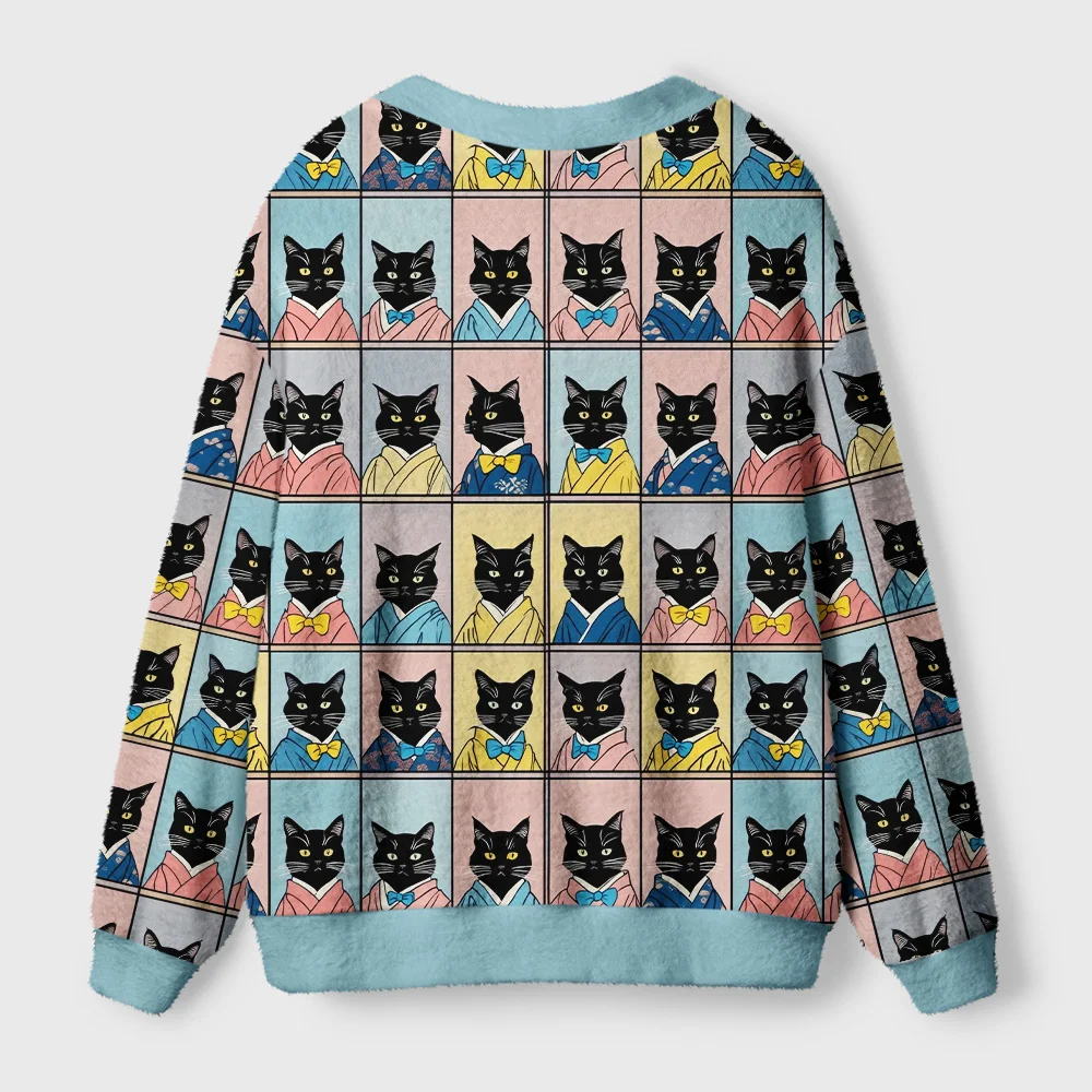 Black Cat Kimono Cardigan Sweater Back view of the black cat kimono cardigan sweater highlighting the colorful cat pattern and soft material.