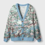 Front view of the birds under sakura cardigan sweater featuring a blue hue and intricate floral design.