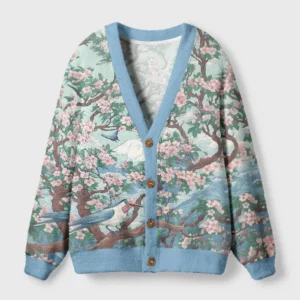 Front view of the birds under sakura cardigan sweater featuring a blue hue and intricate floral design.